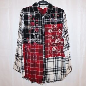 Coldwater Creek Floral Embroidered, Plaid Button-Up Tunic. Small. NWOT.